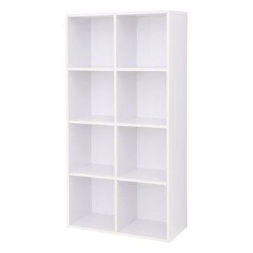 8-Shelf Cube Bookcase – White Wooden Storage Unit for Home & Office