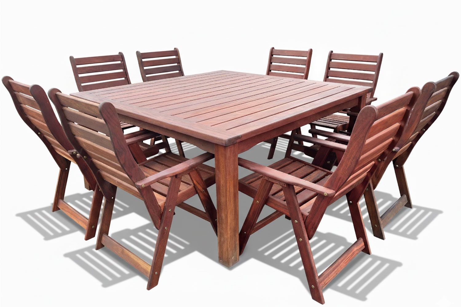 Zambezi Teak Patio Dining Set 8-Seater 1700mm Square x1 Table x8 Highback Chairs (Cushions Excluded, Undercover Only)