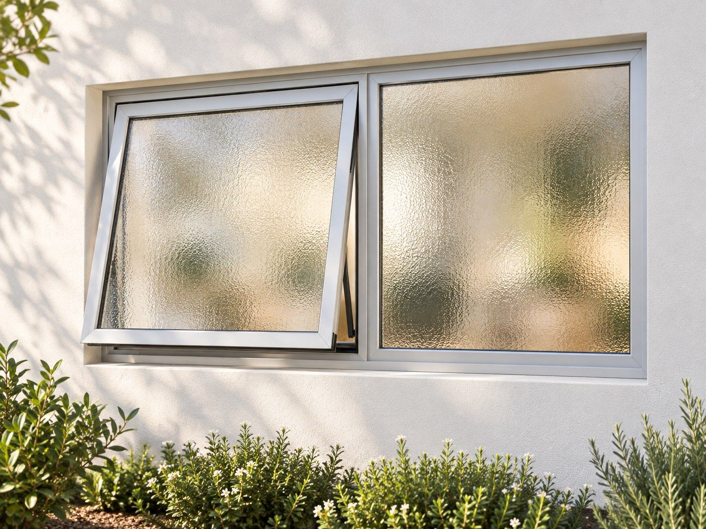 Kenzo Premium Top-Hung Aluminium Window - Silver, 1200 600 mm, Left Upper Opener with Fixed Side Pane, Obscure Safety Glass