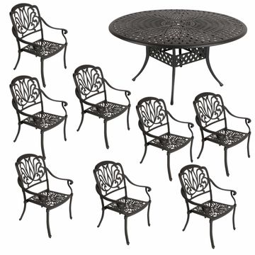 8 Seater - Protea  Aluminium Patio Set / Garden Furniture / Outdoor Dining Set    (8 Protea Chairs with 154cm Round Lattice Table) - BLACK