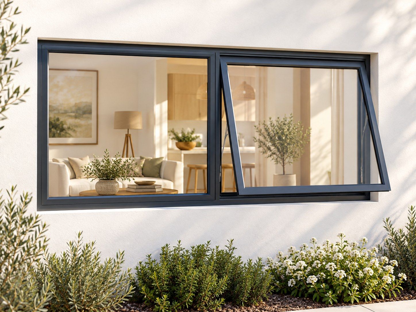 Kenzo Premium Top-Hung Aluminium Window - Charcoal, 1200 600 mm, Right Upper Opener with Fixed Side Pane, Clear Glass