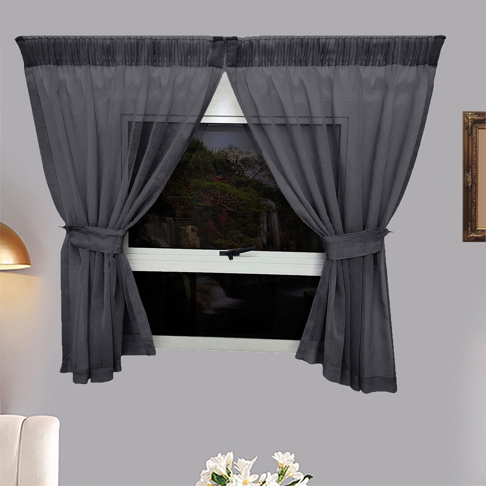 Matoc Designs Café Curtain - Mystic Voile - Dark Grey - Taped - 110cm W x 120cm H - 2 Pack
