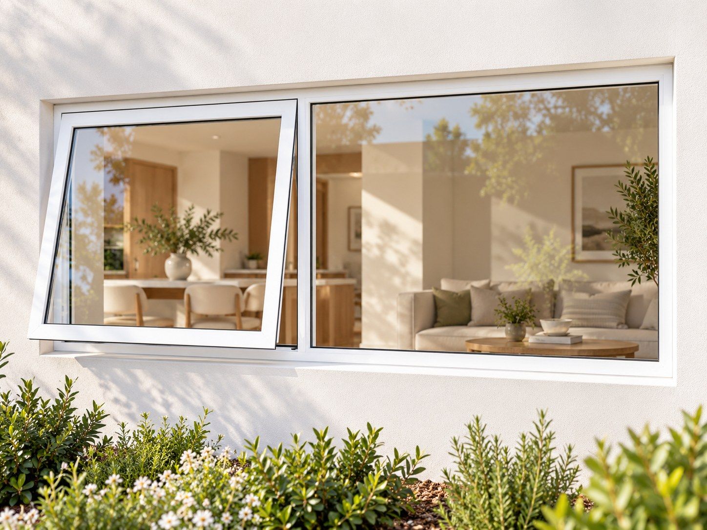Kenzo Premium Top-Hung Aluminium Window - White, 1500 600 mm, Left Upper Opener with Fixed Side Pane, Clear Glass