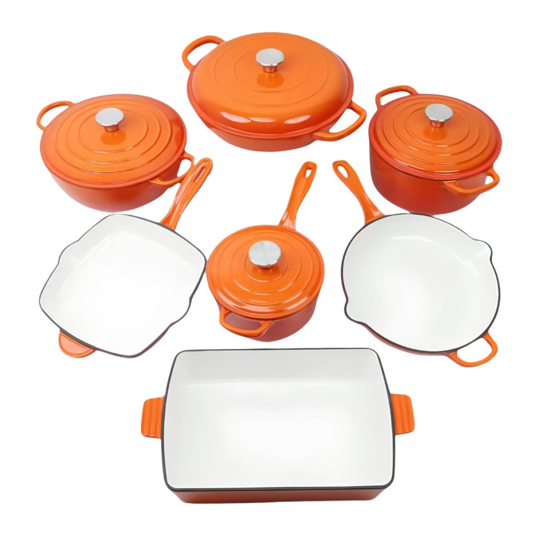11-Piece Enameled Cast Iron Cookware Set – Non-Stick Dutch Ovens, Frying Pans, Grill Pan & Roaster (Vibrant Orange)
