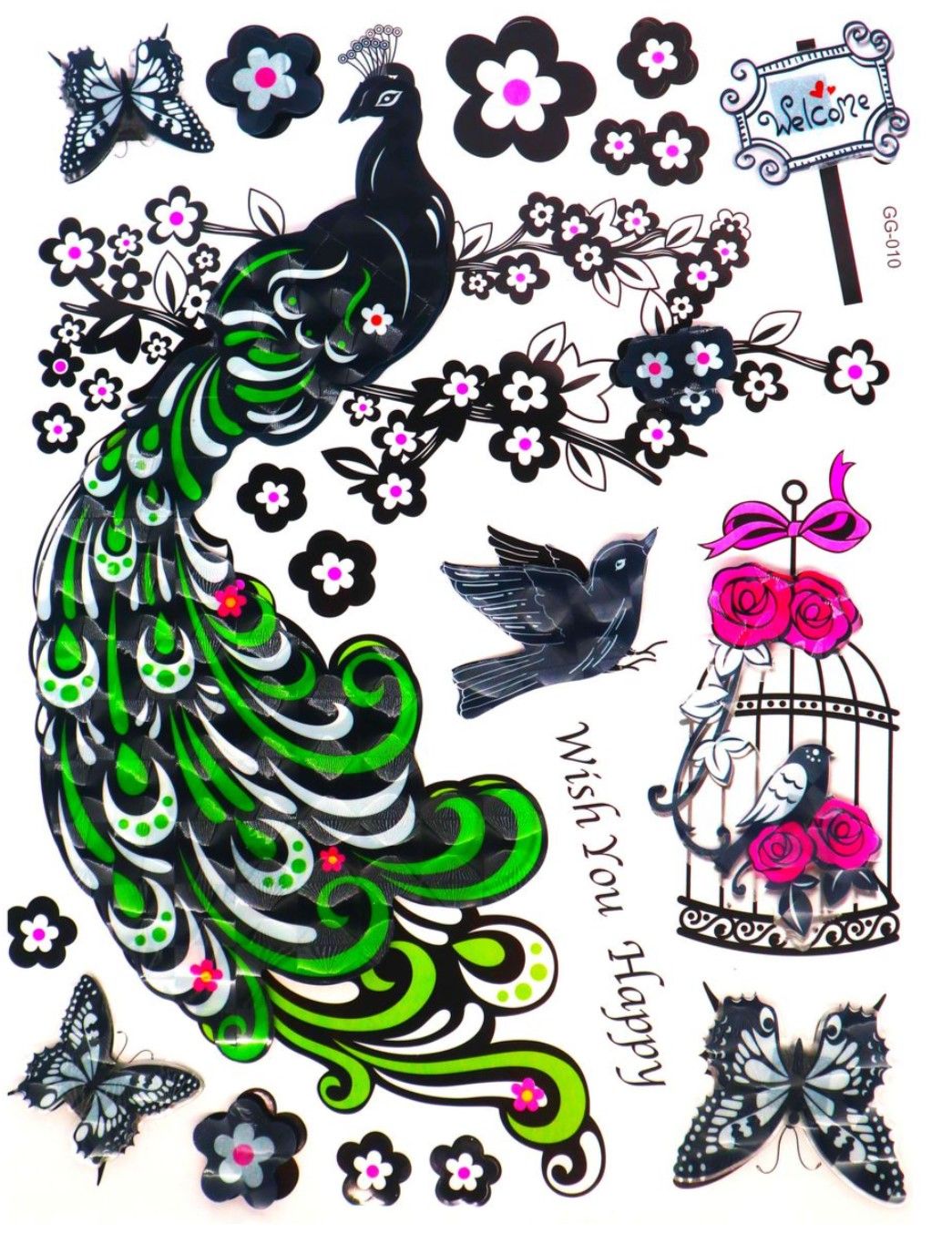 5D Wall Art Self Adhesive Sticker Sheet Green Peacock Design LEROY