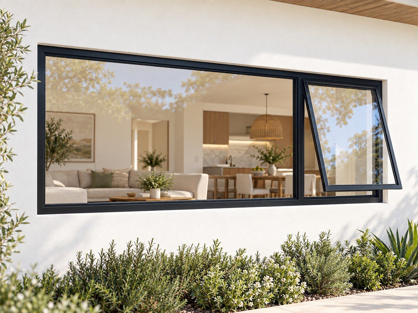 Kenzo Premium Top-Hung Aluminium Window - Black, 2400 600 mm, Right Upper Opener with Fixed Side Pane, Clear Glass