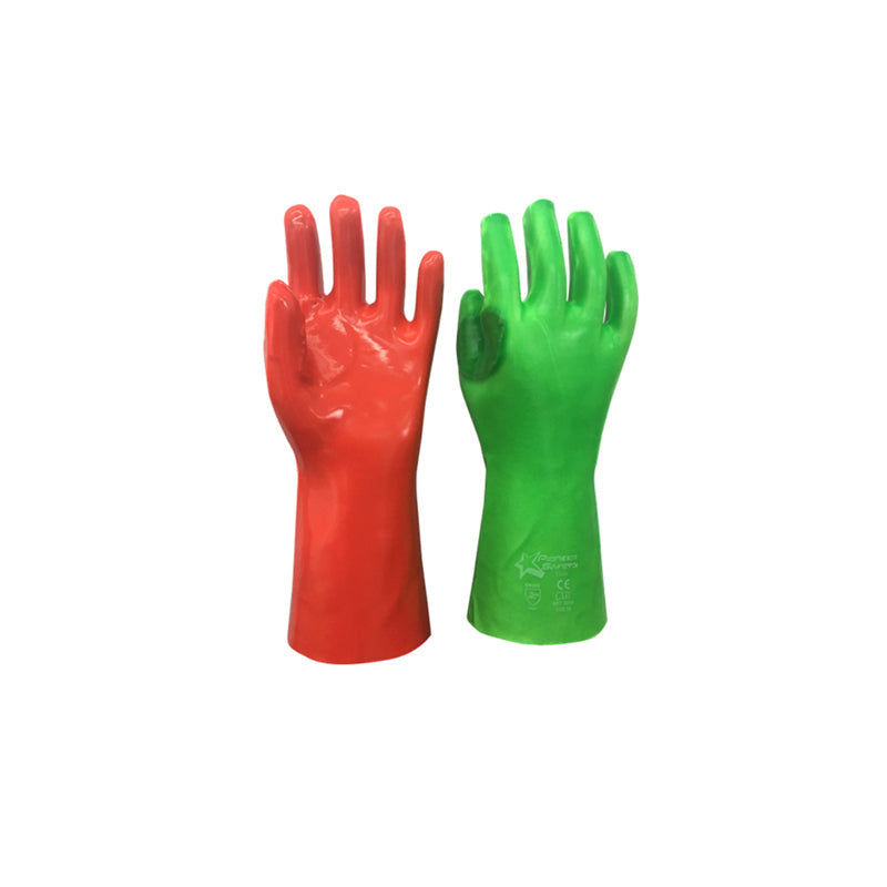 PIONEER SAFETY Gloves PVC Reinforced High Visibility Red/Green Elbow 27cm