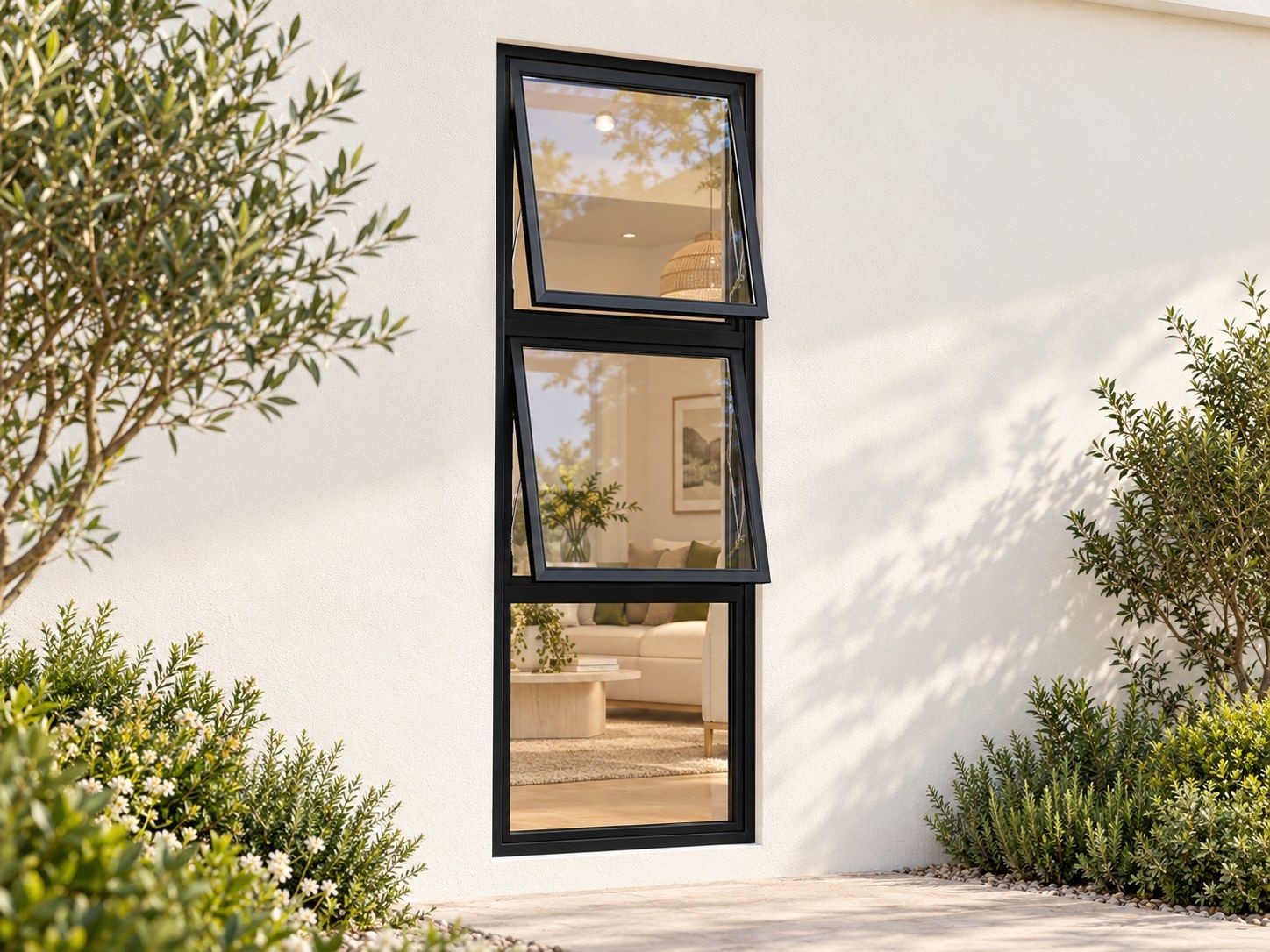 Kenzo Premium Top-Hung Aluminium Window - Black, 600 1800 mm, Two Stacked Openers with Fixed Lower Pane, Clear Glass
