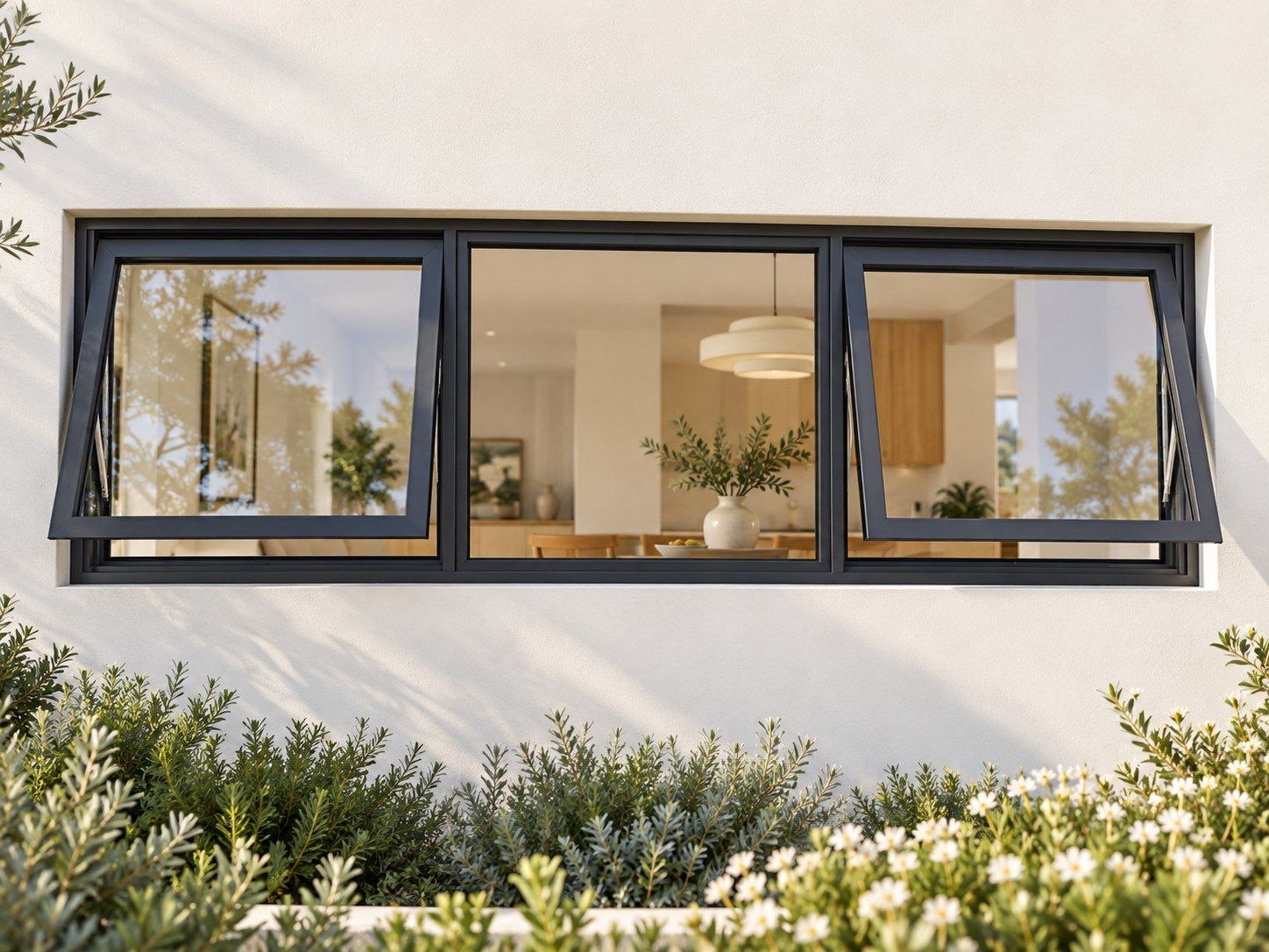 Kenzo Premium Top-Hung Aluminium Window - Charcoal, 1800 400 mm, Two Outer Openers with Fixed Centre, Clear Glass