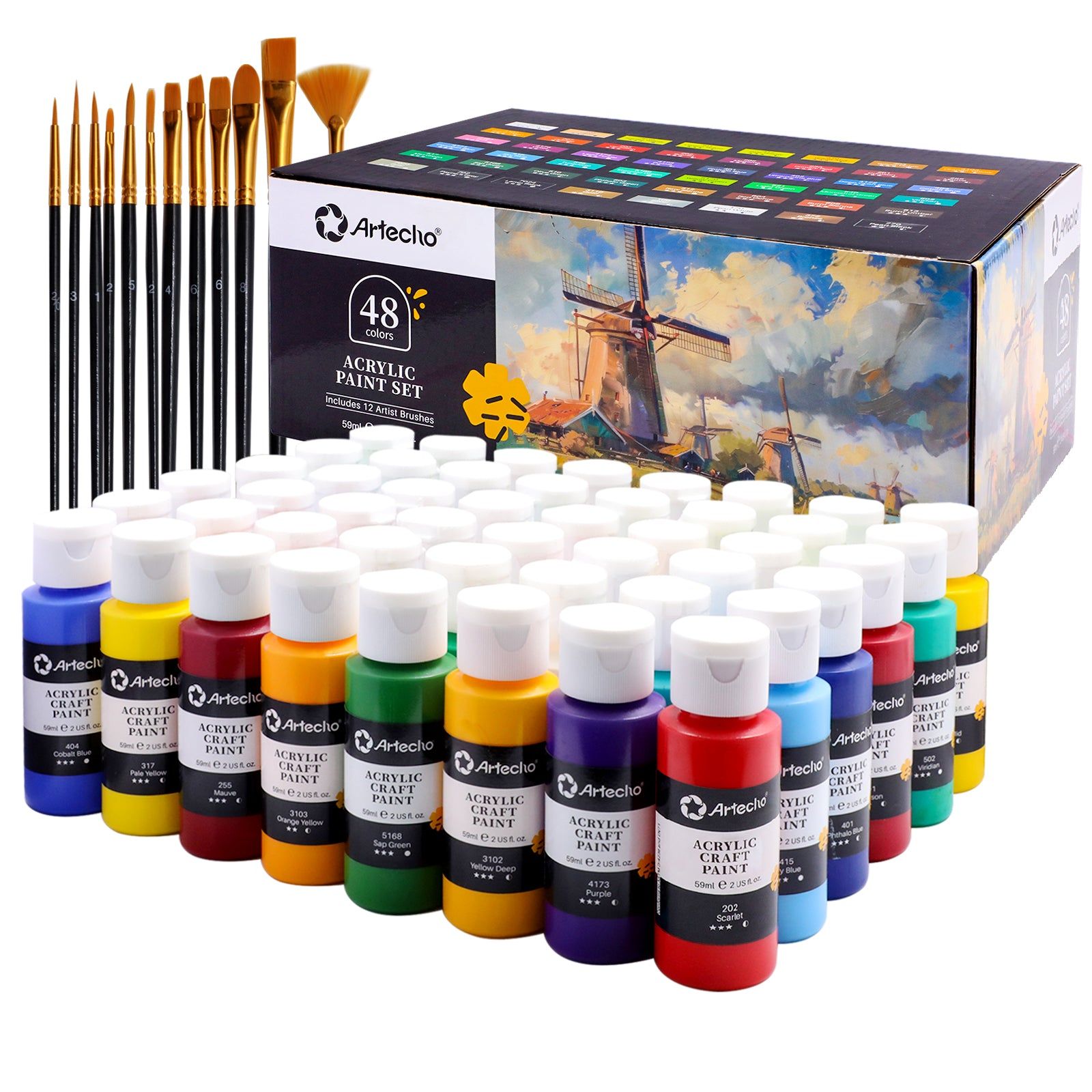 Artecho 48 Colours Acrylic Paint Set & 12pc Paint Brush Set - 59ml Bottles