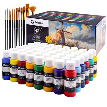 Artecho 48 Colours Acrylic Paint Set & 12pc Paint Brush Set - 59ml Bottles