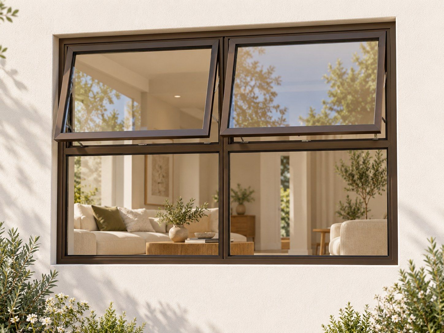 Kenzo Premium Top-Hung Aluminium Window - Bronze, 1500 1200 mm, Two Upper Openers with Fixed Lower Panes, Clear Glass