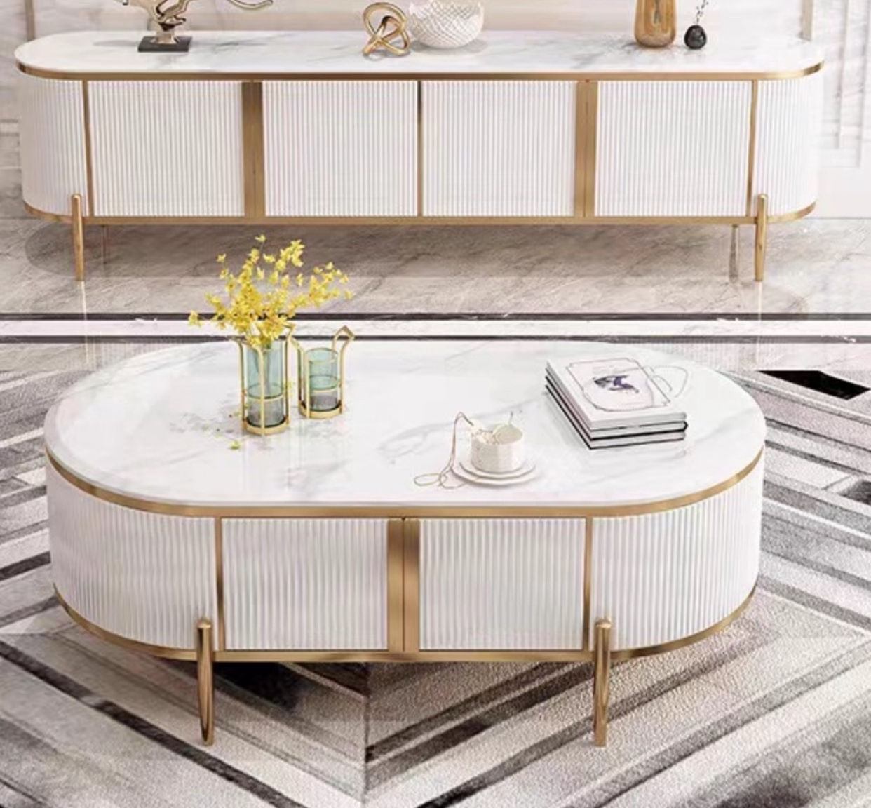 Asher White Oval Lounge set with Gold Colour Accents