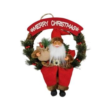 Christmas Wreath with Santa Decoration, Merry Christmas Banner, Pine Branches and Red Berries, Holiday Door Decor