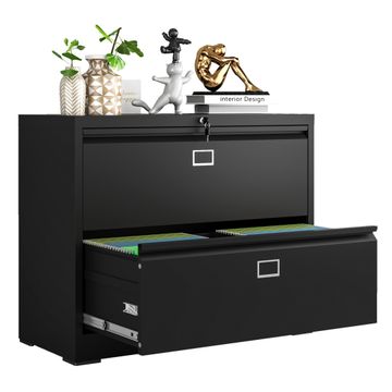 Steel Lateral 2 Drawer Filing Cabinet Cupboard Locker Swan Handle With Card Slots - Black