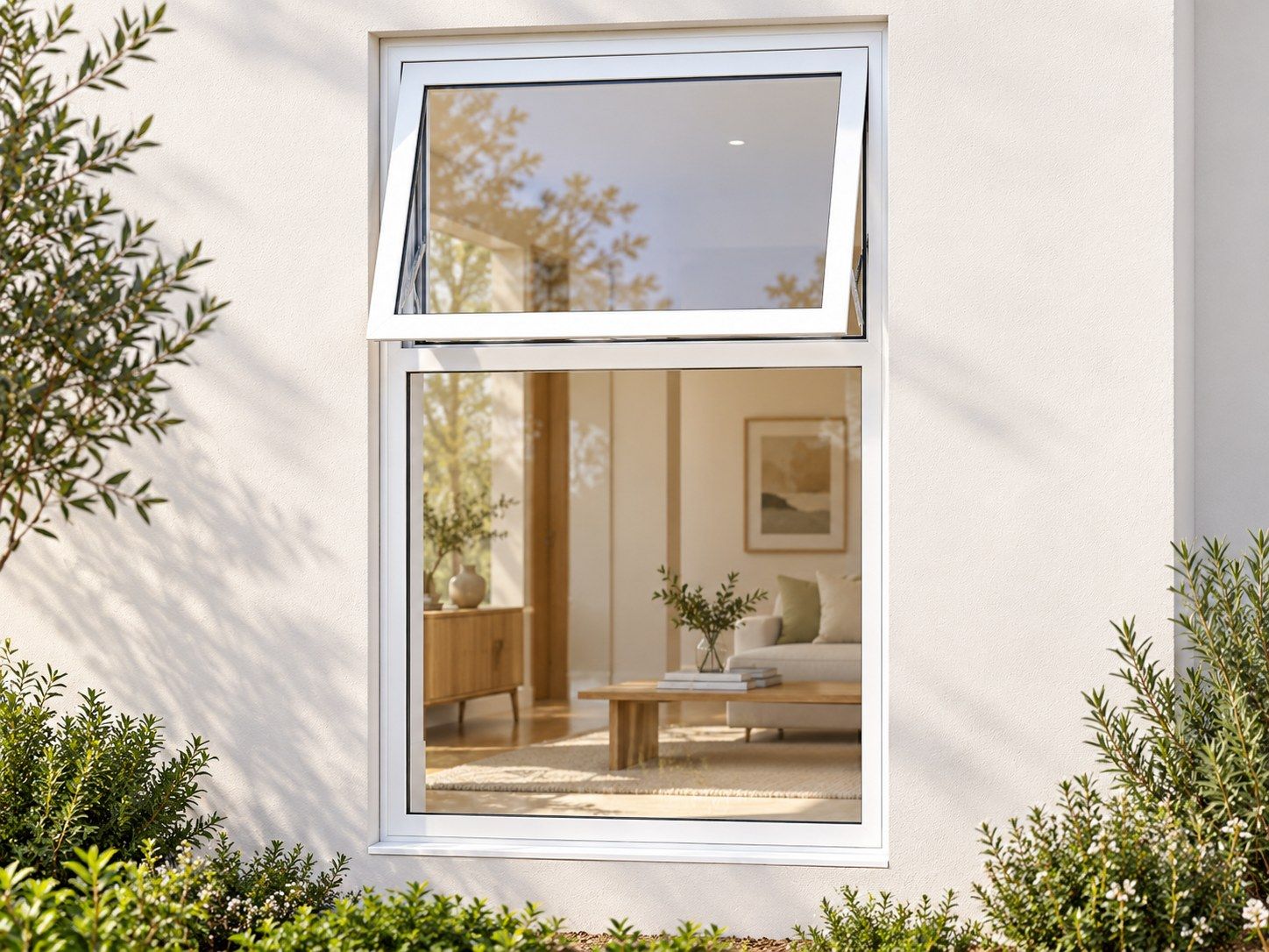 Kenzo Premium Top-Hung Aluminium Window - White, 900 1500 mm, Upper Opener with Fixed Lower Pane, Clear Glass
