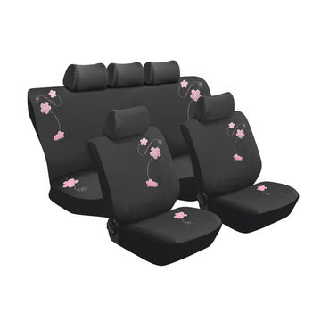 Blossom 11PC Car Seat Cover Set - Black With Pink Pattern
