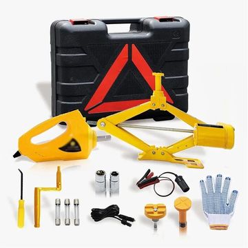 12V Car Electric Scissor Jack Lifting Set - Impact Wrench Tool Built-in Flash LED Light for Emergency