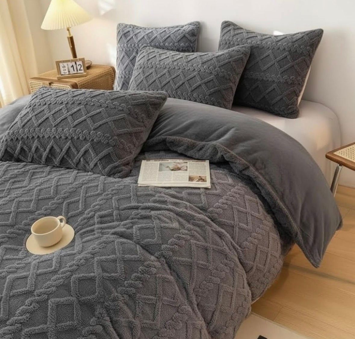 Geometric Sherpa 5 Piece Comforter Set - Dark Grey - Queen/King Size