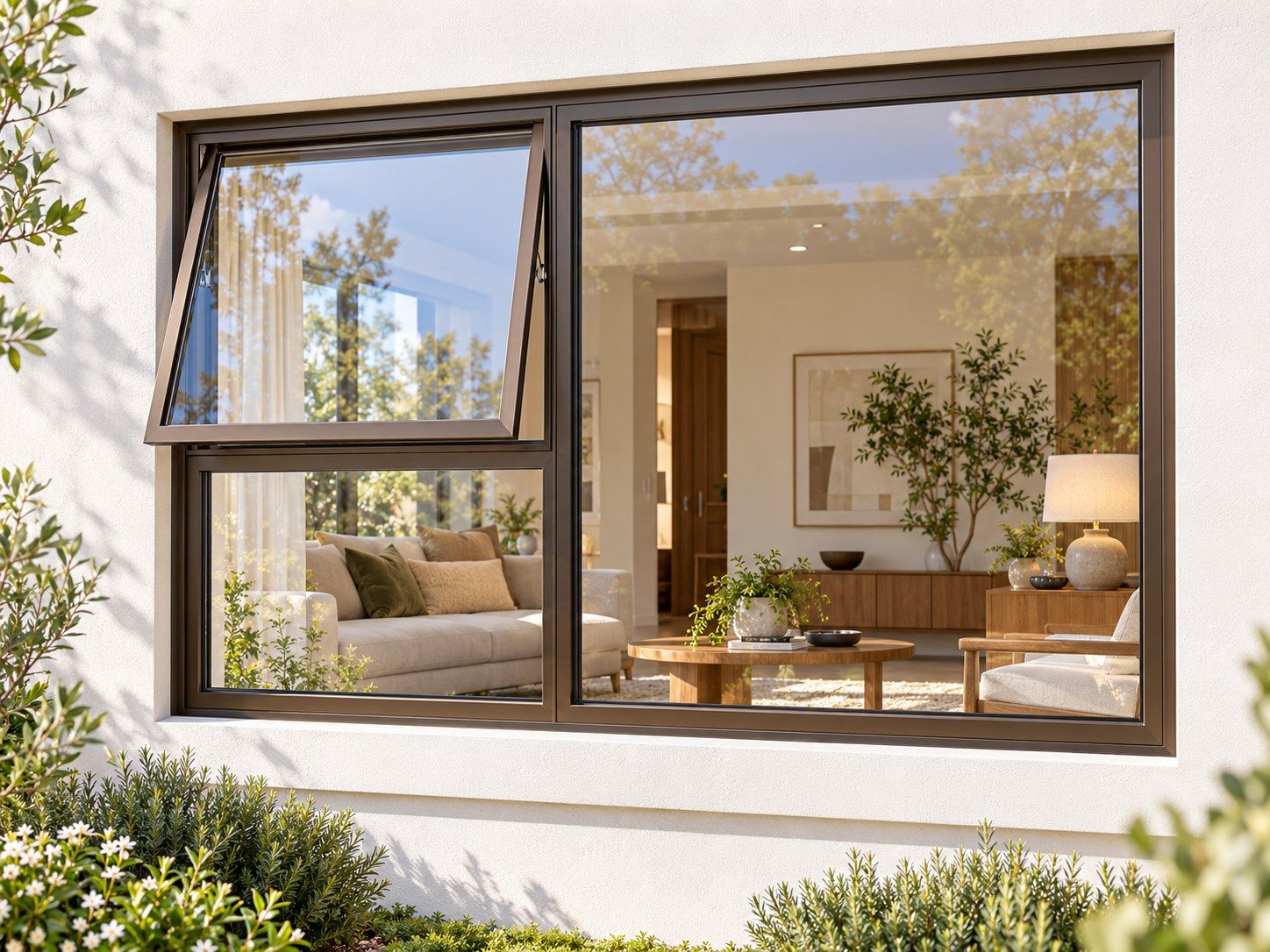 Kenzo Premium Top-Hung Aluminium Window - Bronze, 1800 900 mm, Left Upper Opener with Fixed Lower and Side Panes, Clear Glass