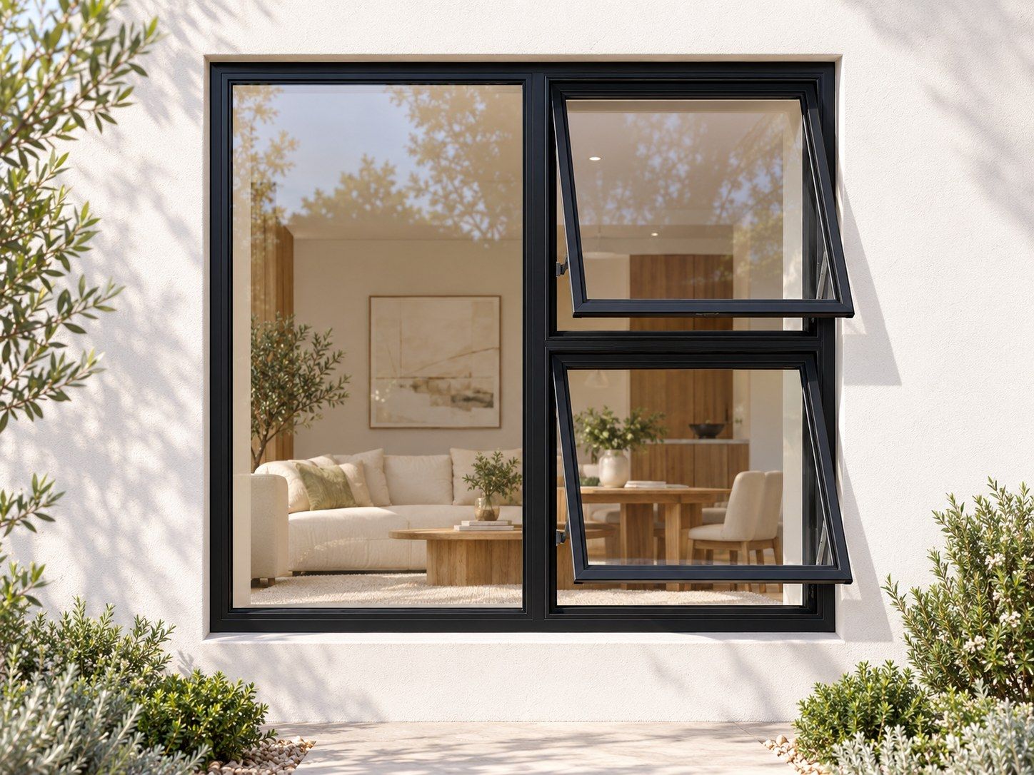 Kenzo Premium Top-Hung Aluminium Window - Black, 1200 1200 mm, Right Two Openers with Fixed Side Pane, Clear Glass