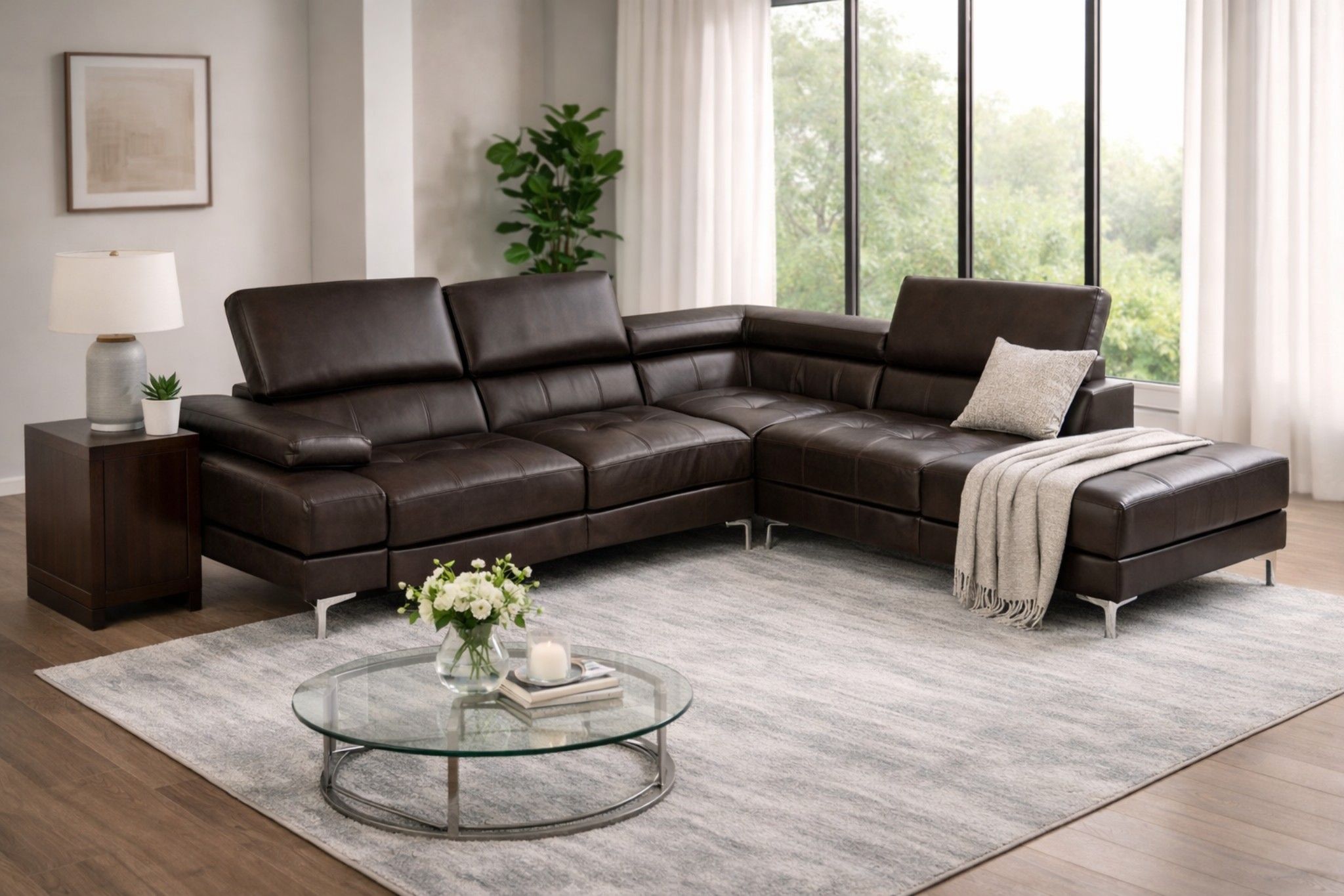 ASHER- Luxury L-Shaped Sectional Sofa – Brown PU Leather.