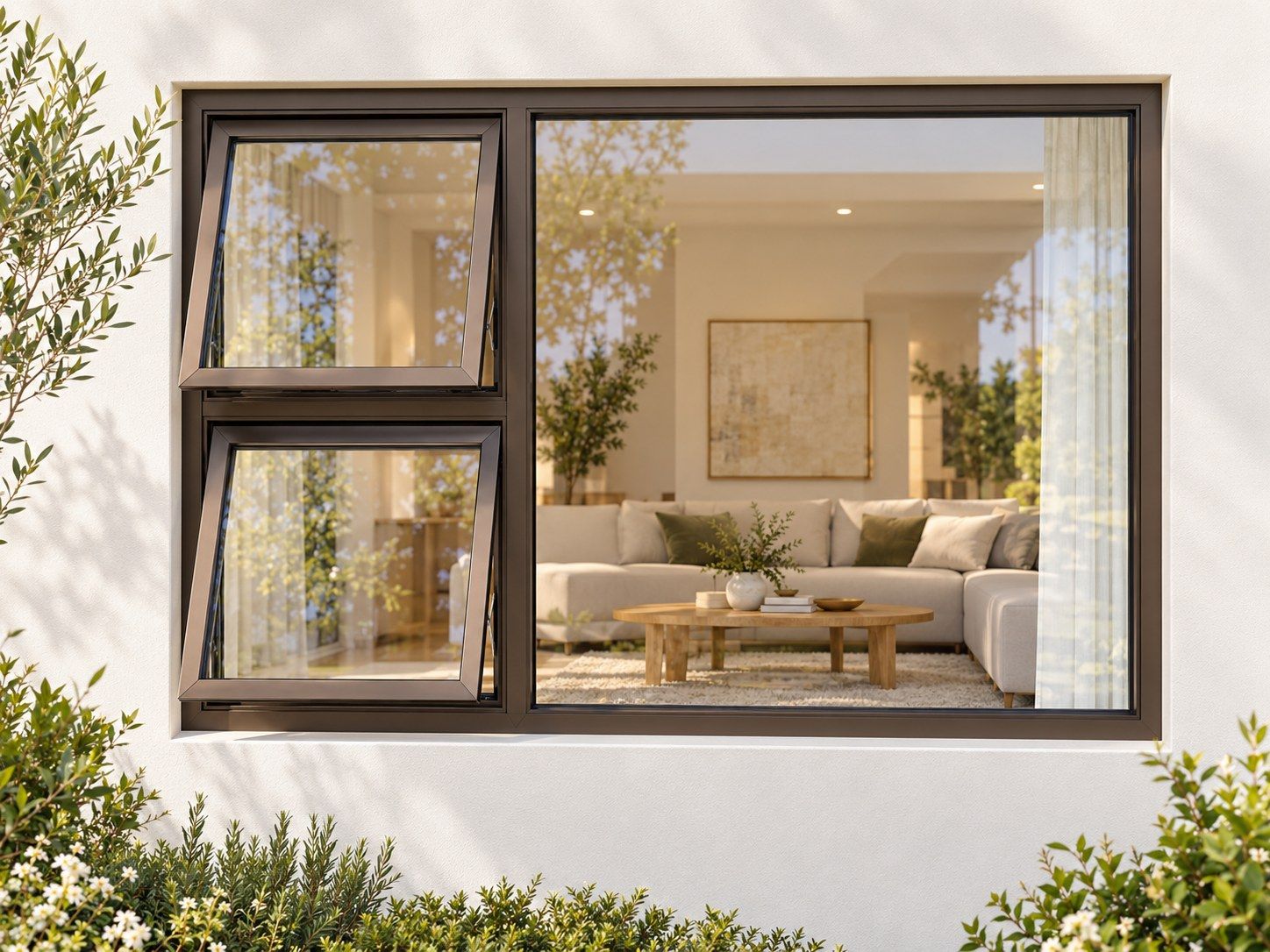 Kenzo Premium Top-Hung Aluminium Window - Bronze, 1800 1200 mm, Left Two Openers with Fixed Side Pane, Clear Glass