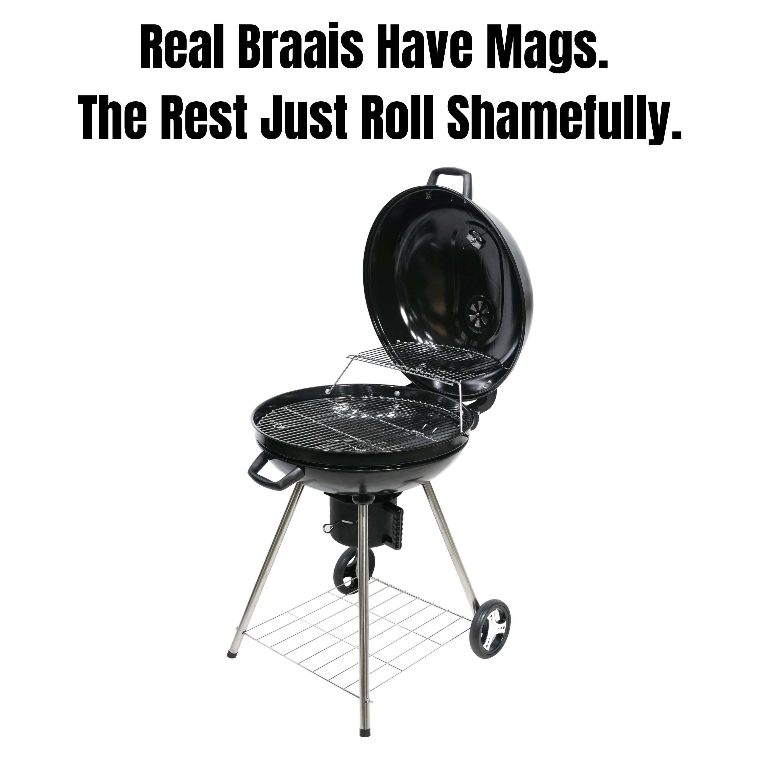 MagMaster - 57cm Premium Charcoal Kettle Braai – Hinged Lid, Thermometer, Ash Catcher & Mag Wheels