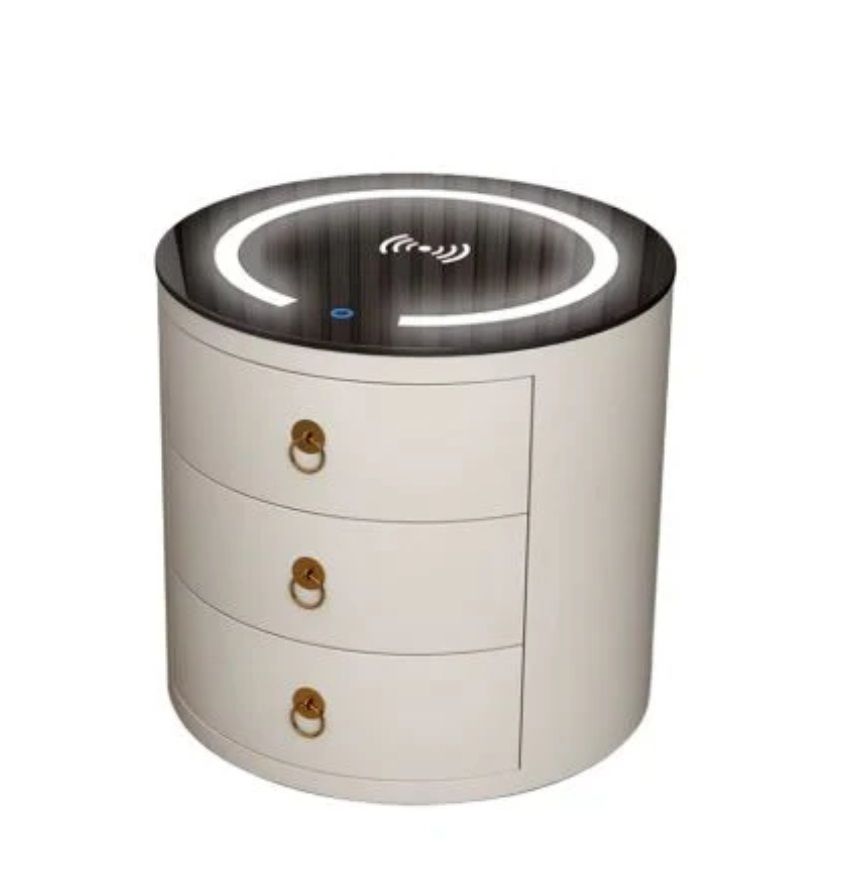 White Round Bluetooth Bedside Stand with LED Light & Wireless Charging
