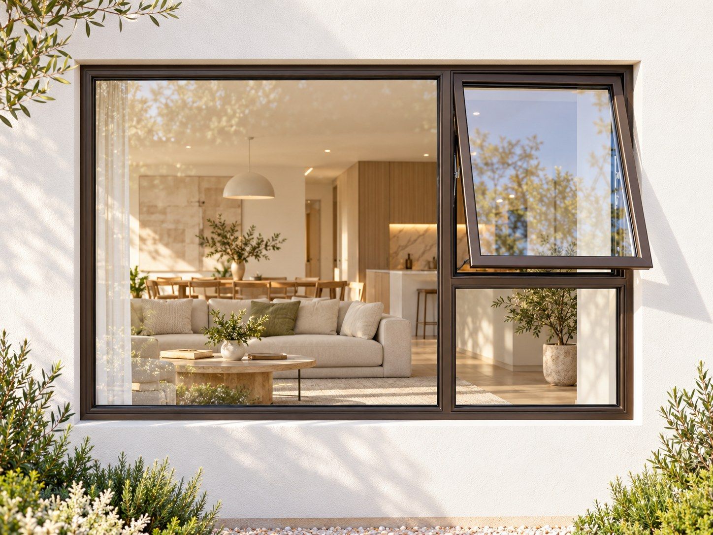 Kenzo Premium Top-Hung Aluminium Window - Bronze, 2100 900 mm, Right Upper Opener with Fixed Lower and Side Panes, Clear Glass