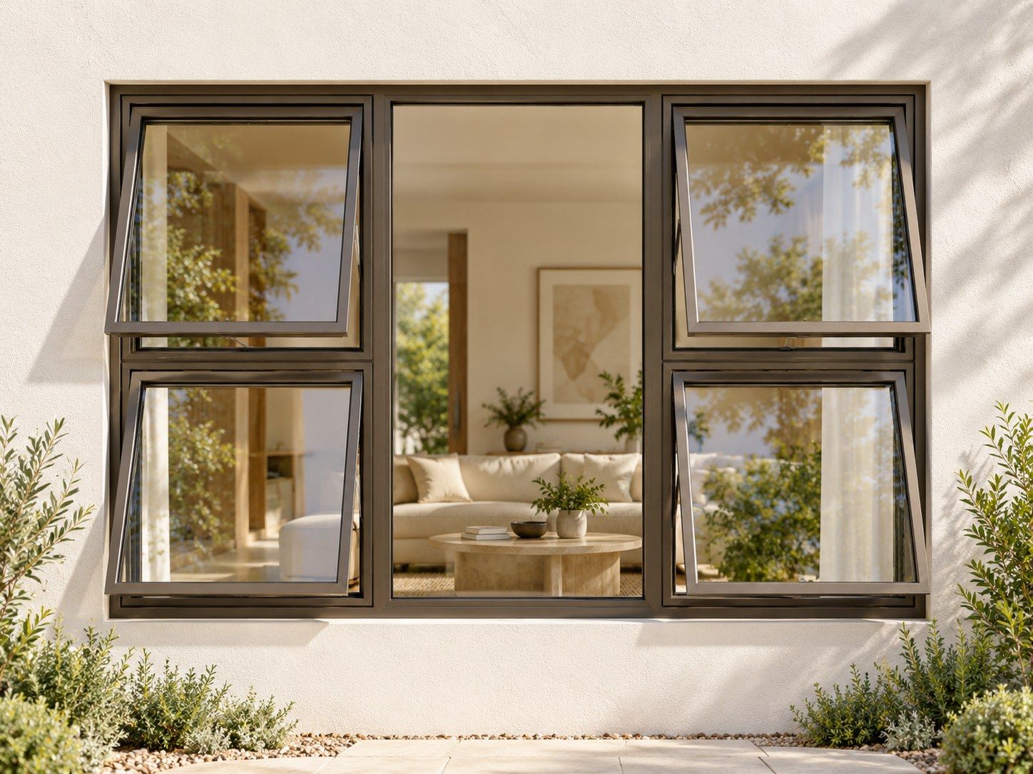 Kenzo Premium Top-Hung Aluminium Window - Bronze, 1500 1200 mm, Four Openers with Fixed Centre, Clear Glass