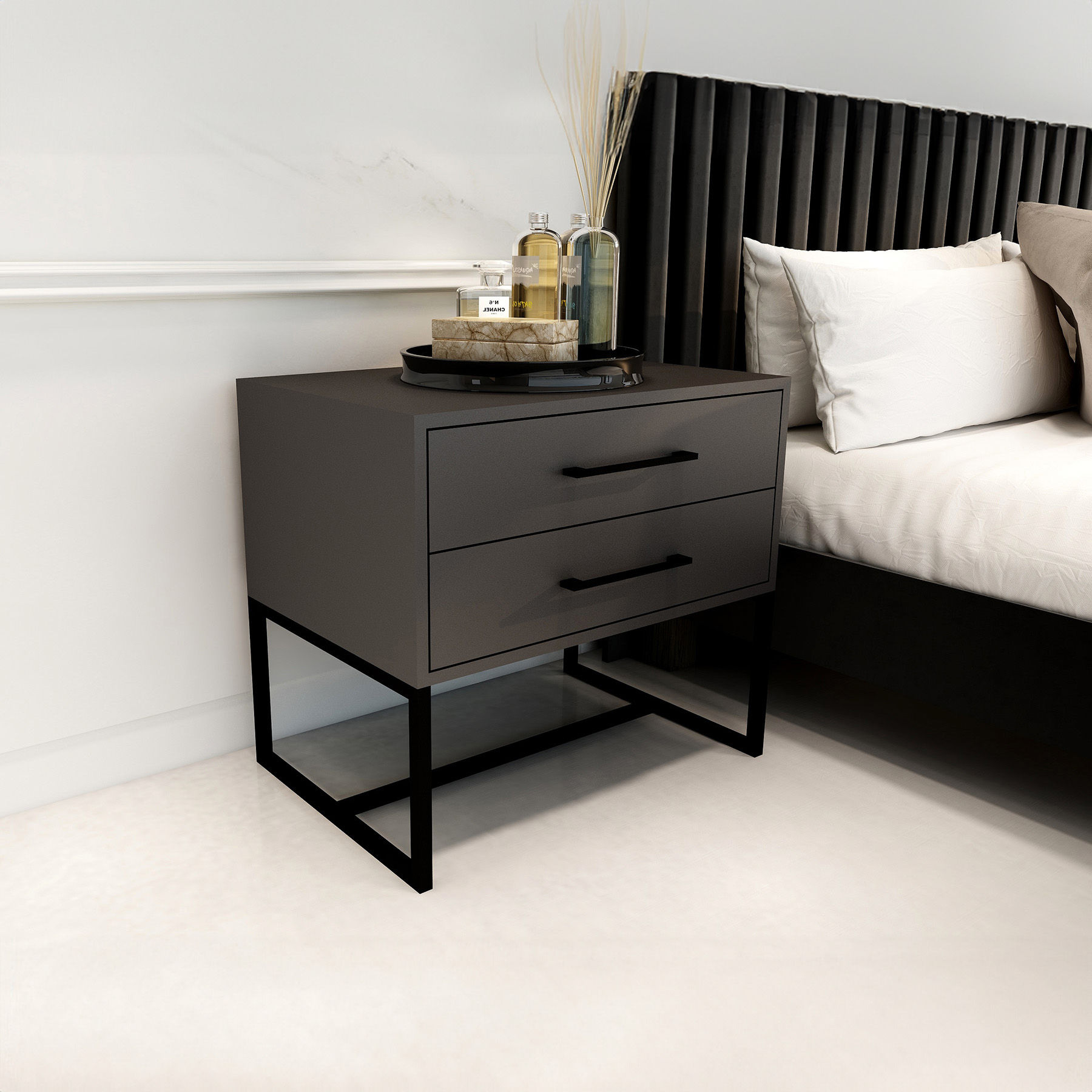 Bedside Pedestal Lilo Satin Dark Grey - Black Frame