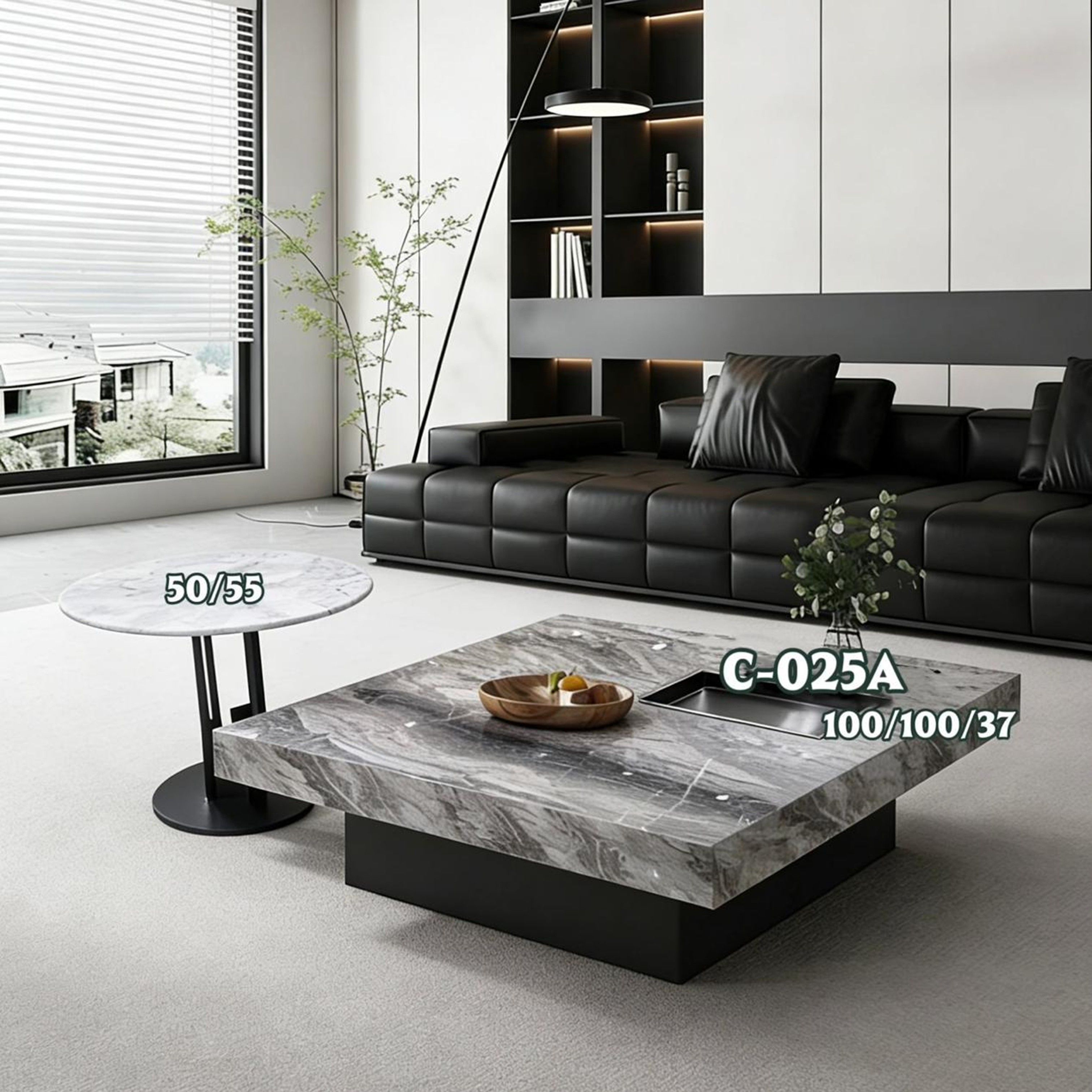 Madiega Furniture - Grey & White Marble Black-Base Coffee Table Set