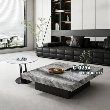 Madiega Furniture - Grey & White Marble Black-Base Coffee Table Set