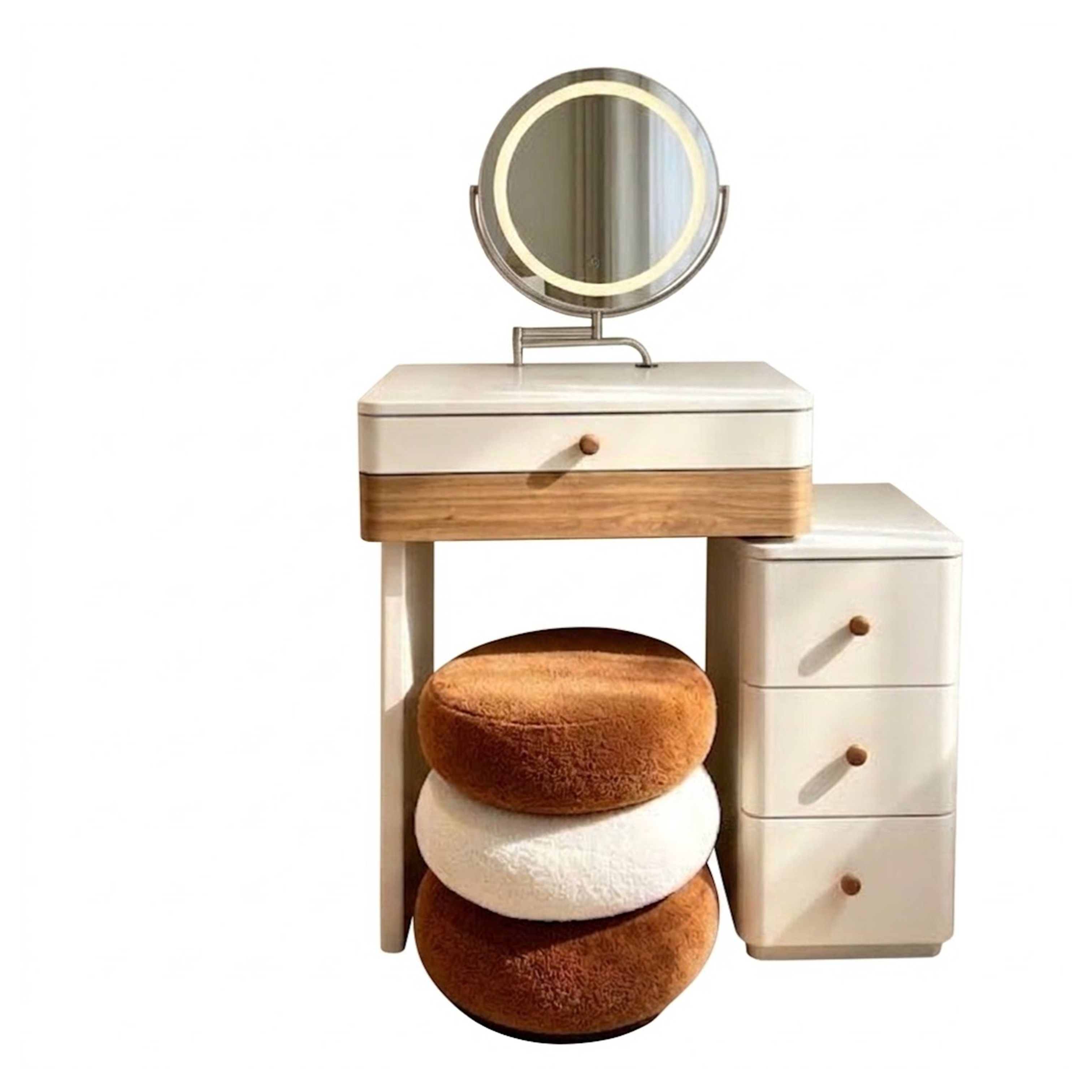 Madiega Furniture - Modern Minimalist Vanity Table Set with LED Ring Mirror & Stacked Ottoman Stool