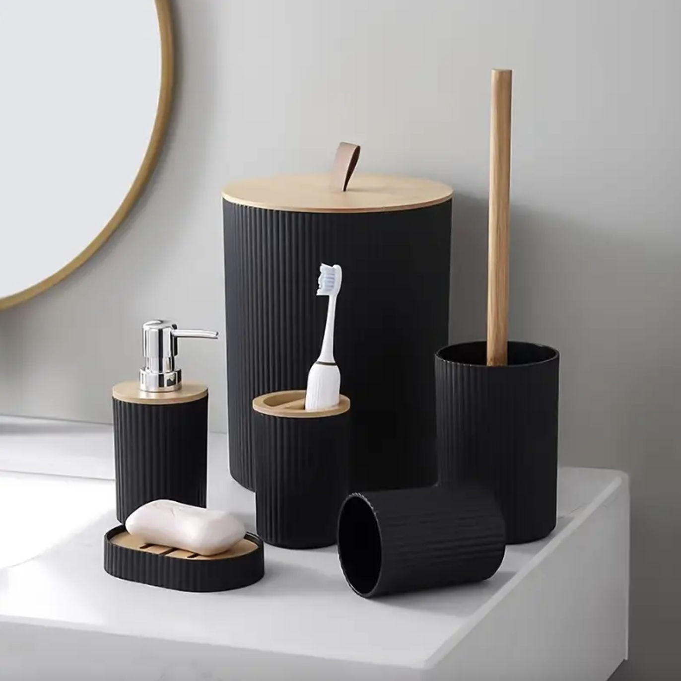 6Pc Bathroom Accessory Set With Wooden Lid - BLACK