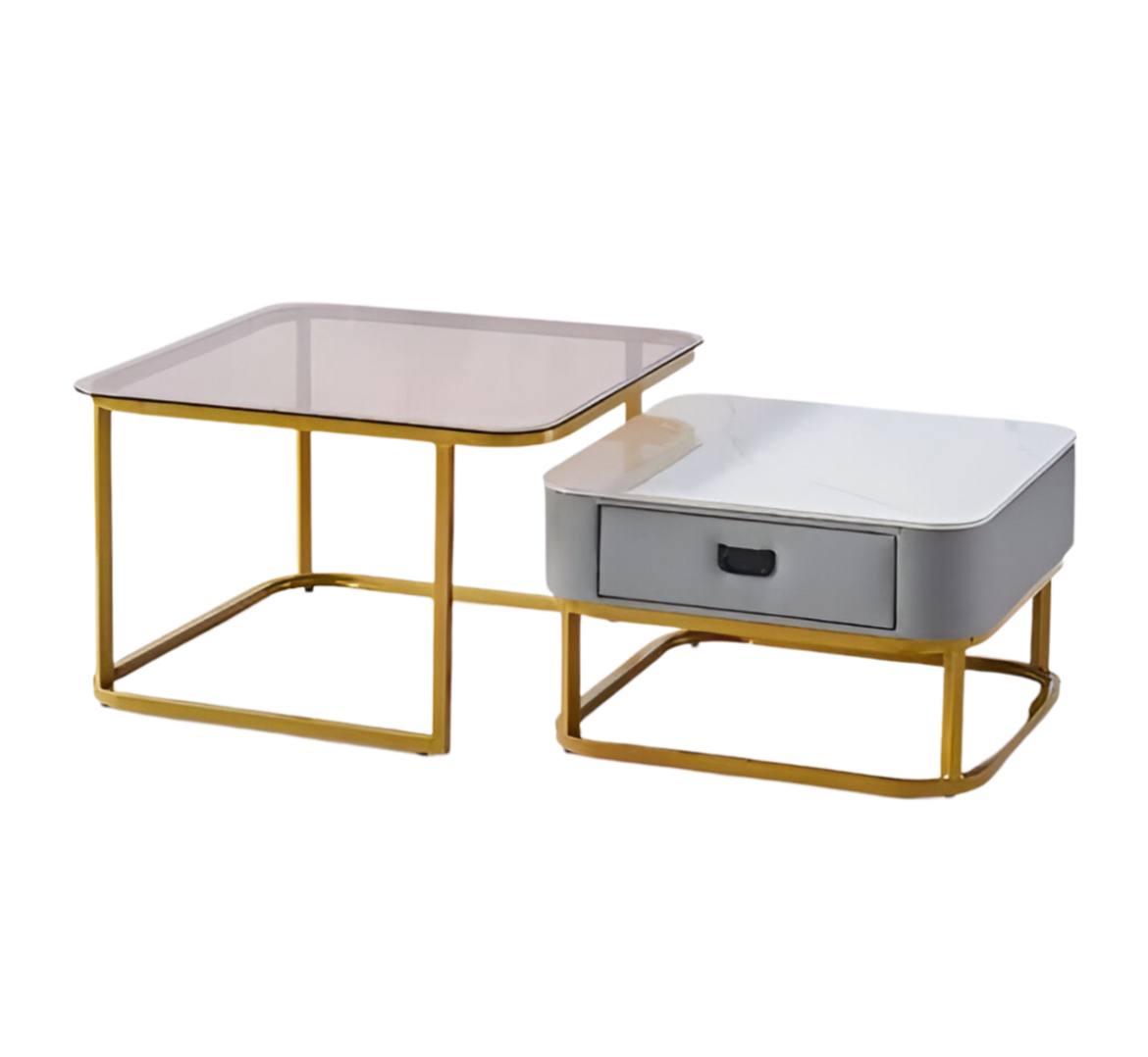 Nesting Square Glass Top Coffee Table with Marble Top Drawer Table