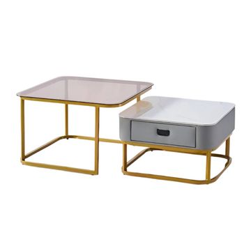 Nesting Square Glass Top Coffee Table with Marble Top Drawer Table