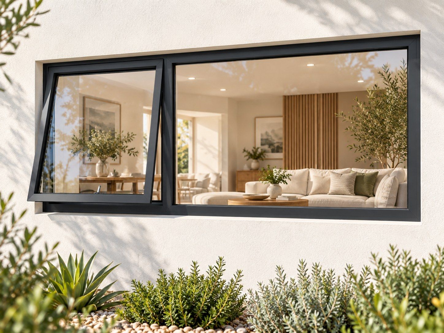 Kenzo Premium Top-Hung Aluminium Window - Charcoal, 1800 600 mm, Left Upper Opener with Fixed Side Pane, Clear Glass