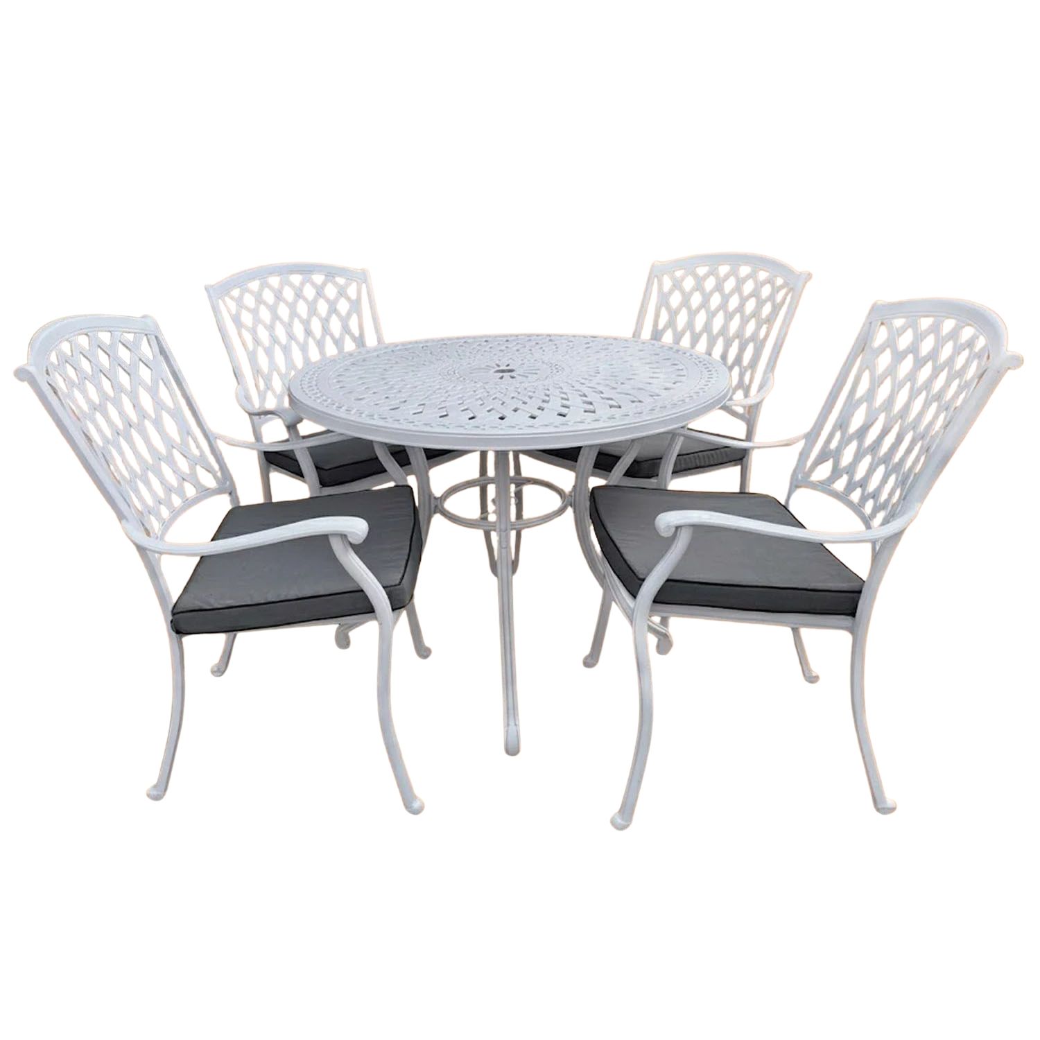 Tuscan Aluminium Dining Set 4-Seater 1000mm Round (White, Charcoal Cushions)