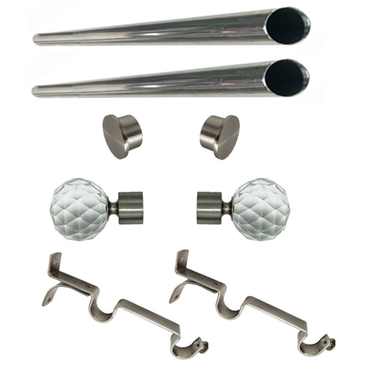 Matoc 25mm Double Curtain Pole Set -SIlver -Dbl extend brkts -Crystal Ball Finials -1.0m