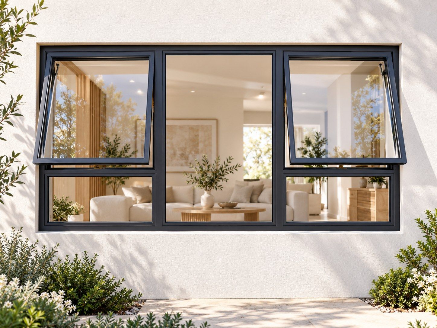 Kenzo Premium Top-Hung Aluminium Window - Charcoal, 1800 900 mm, Two Outer Openers with Fixed Centre and Lower Panes, Clear Glass
