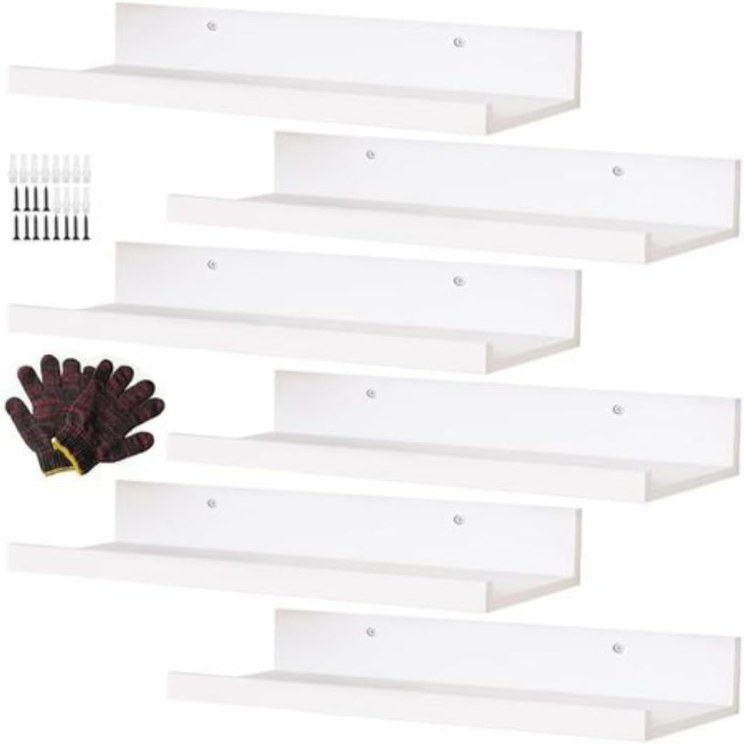 6 Pack Floating Shelves With Lips Hanging Wall Decor For Bedroom Bathroom - Modern White
