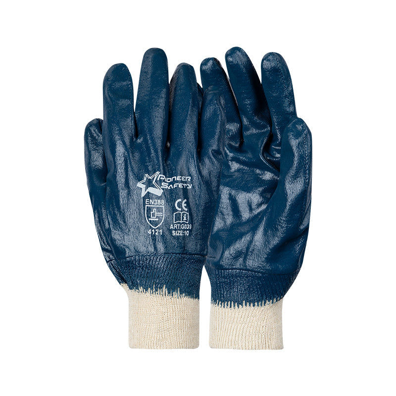 PIONEER SAFETY Nitrile Coated Blue Knit Wrist Gloves
