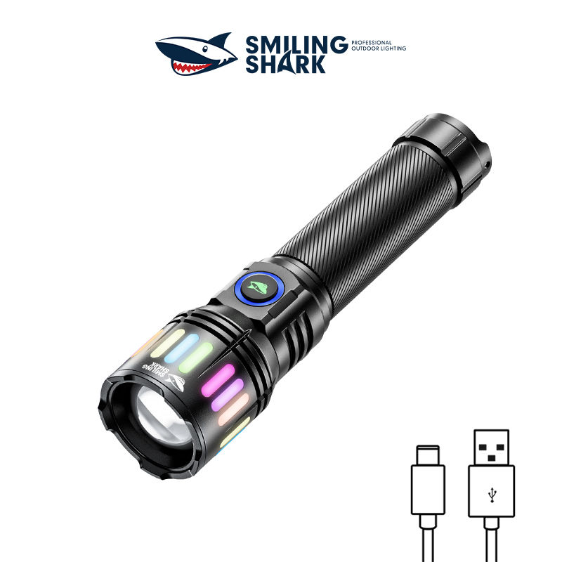 SmilingShark SD5255 Black LED Torch Light Super Bright Strong Light M60 6000lm Flashlight with High Precision Lens Zoomable Type-C Rechargeable 4modes Waterproof for Outdoor Camping Hiking