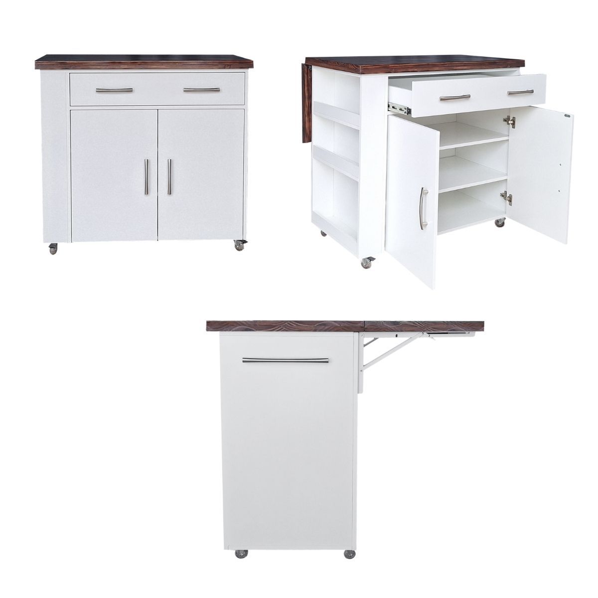 SpaceSave Large Kitchen Island on Wheels with Fold-Out Table & Shelves - White/Pine (Stained)