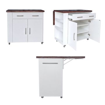 SpaceSave Large Kitchen Island on Wheels with Fold-Out Table & Shelves - White/Pine (Stained)