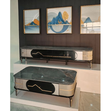 DecorMama Modern Luxury TV Stand and Coffee Table Set – Faux Marble Top with Fluted Gold Accents