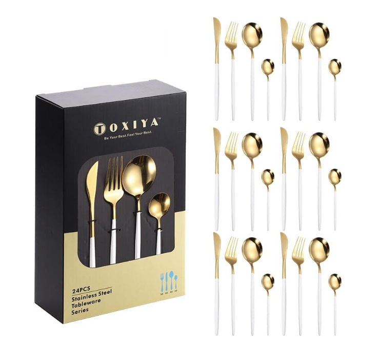 TOXIYA - 24 Piece Flatware Set, Stainless Steel Knife Fork Spoon, Home Dinnerware Tableware Set for 6, Cutlery Set, Include Knives/Forks/Spoons (