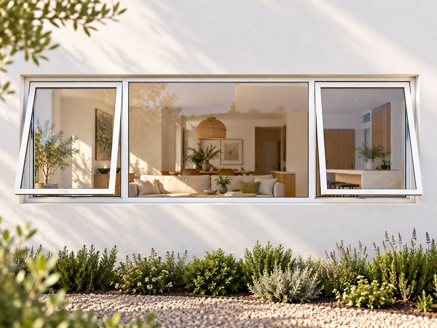 Kenzo Premium Top-Hung Aluminium Window - White, 2400 600 mm, Two Outer Openers with Fixed Centre, Clear Glass